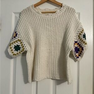Universal Thread Cream Knit Sweater with Puff Sleeve Crochet Accents